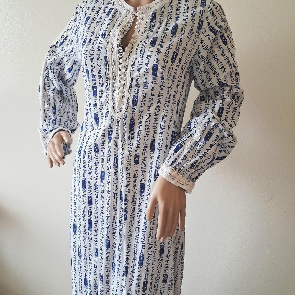Vintage 70s Egyptian Hieroglyphics Maxi Dress Small